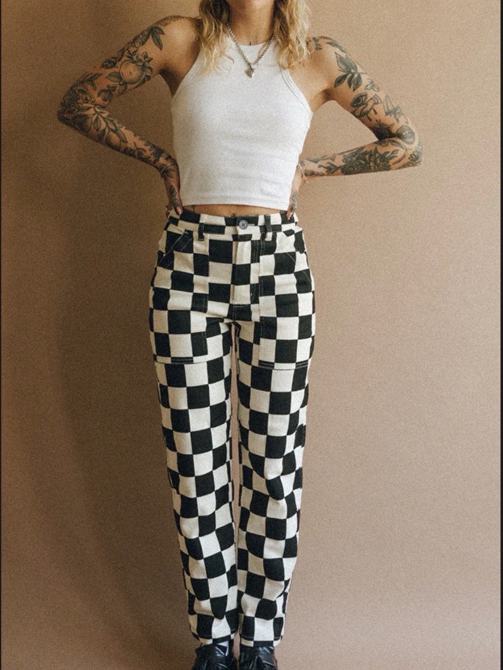 Checkerboard Straight Leg Pants - Black & White